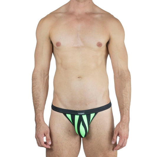 SB0012 Brief bikini rayas negro con verde fosforecente skinit