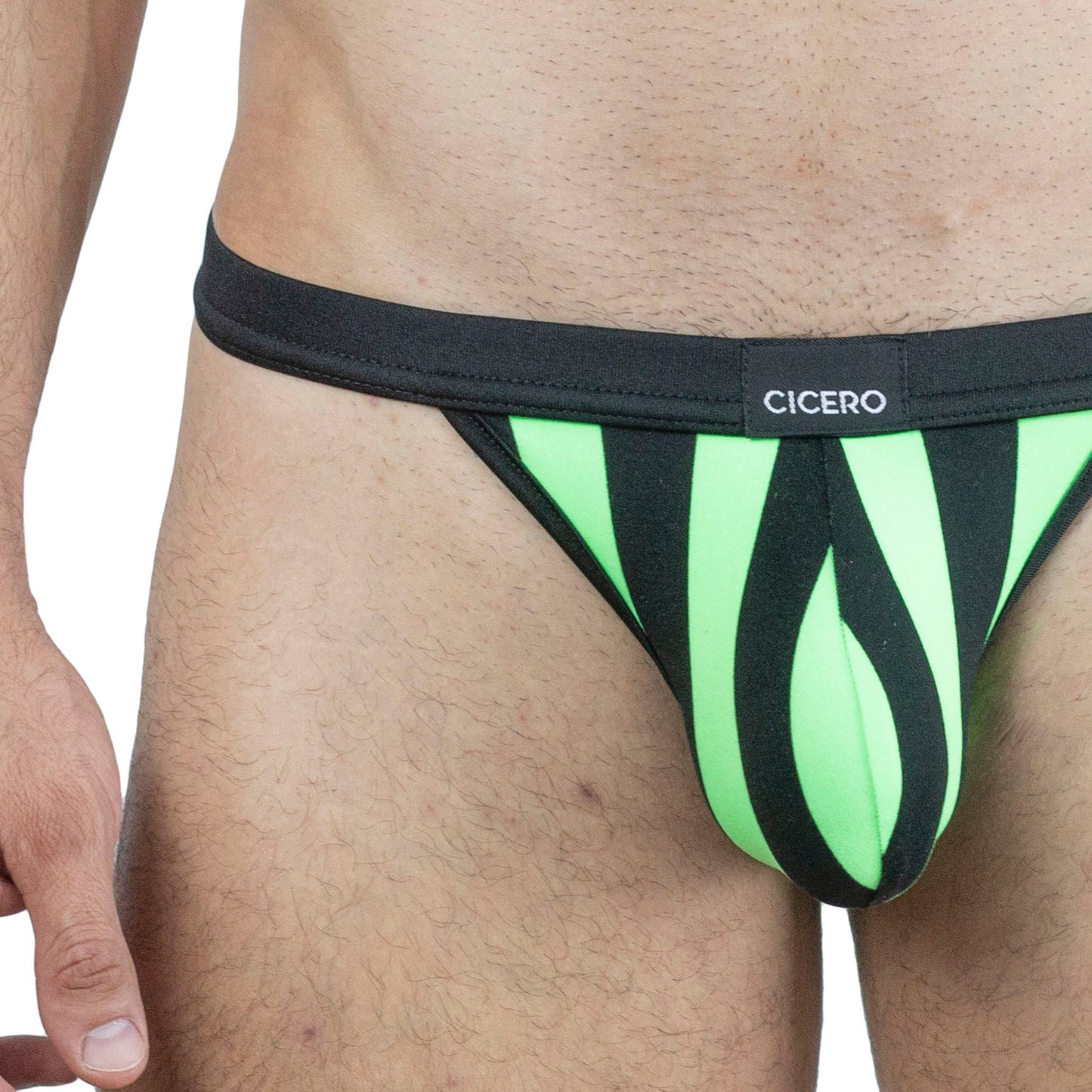 SB0012 Brief bikini rayas negro con verde fosforecente skinit