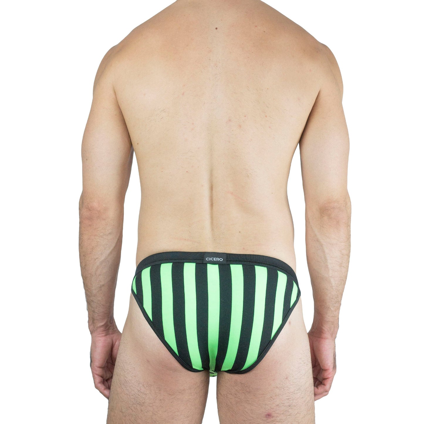 SB0012 Brief bikini rayas negro con verde fosforecente skinit