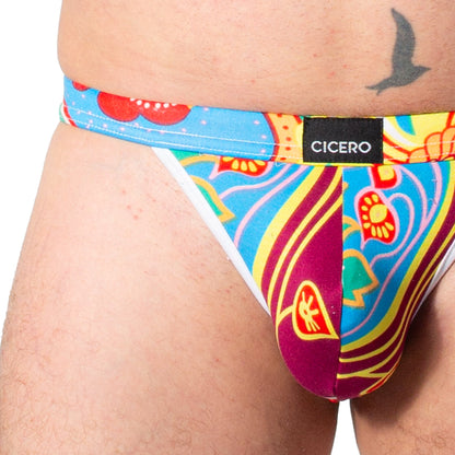 SB0058 Brief Bikini Azul rey con flores amarillas y rojas skinit