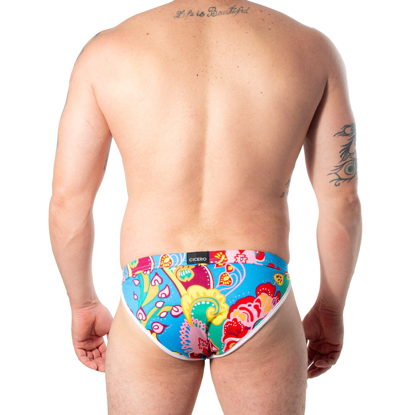 SB0058 Brief Bikini Azul rey con flores amarillas y rojas skinit